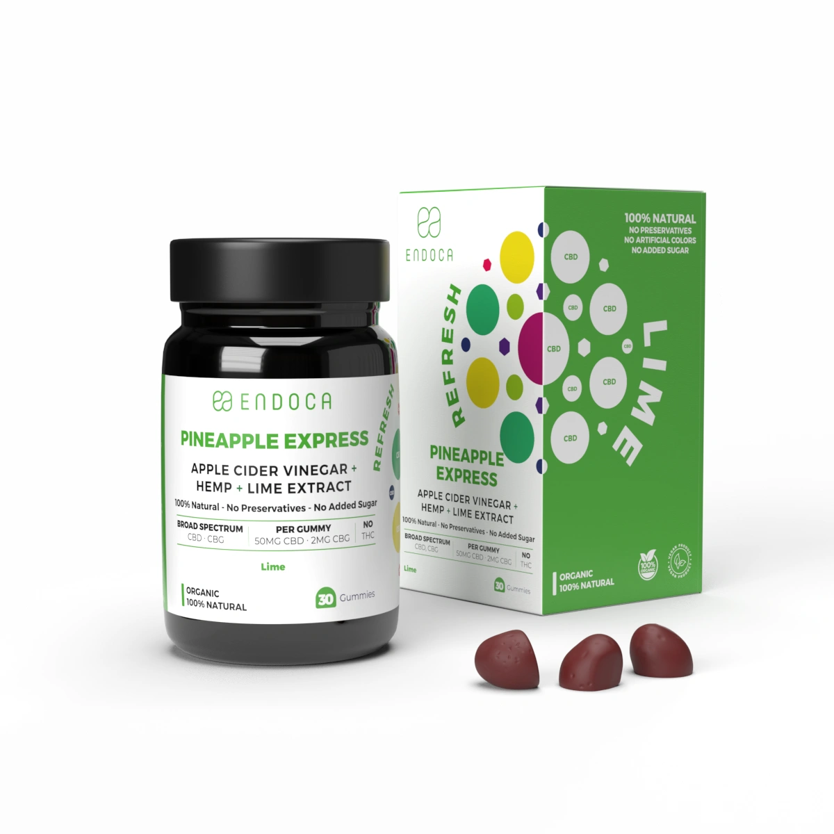 Endoca CBD žuvacie cukríky Pineapple Express, 50 mg CBD, 2 mg CBG, príchuť limetky, 30 ks, 60 g