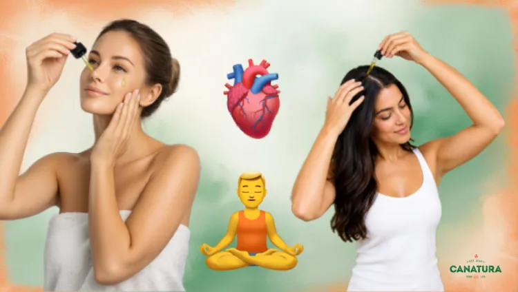 A woman applies hemp oil to her skin and hair, next to heart and relaxation icons illustrating the use of hemp oil in daily care.