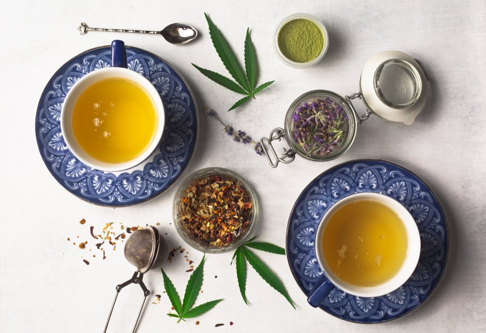 The photograph depicts cups of warm hemp tea accompanied by dried herbs, hemp leaves, and small jugs of milk—a symbol of harmony, nature, and relaxation while enjoying a cup of healthy hemp tea.