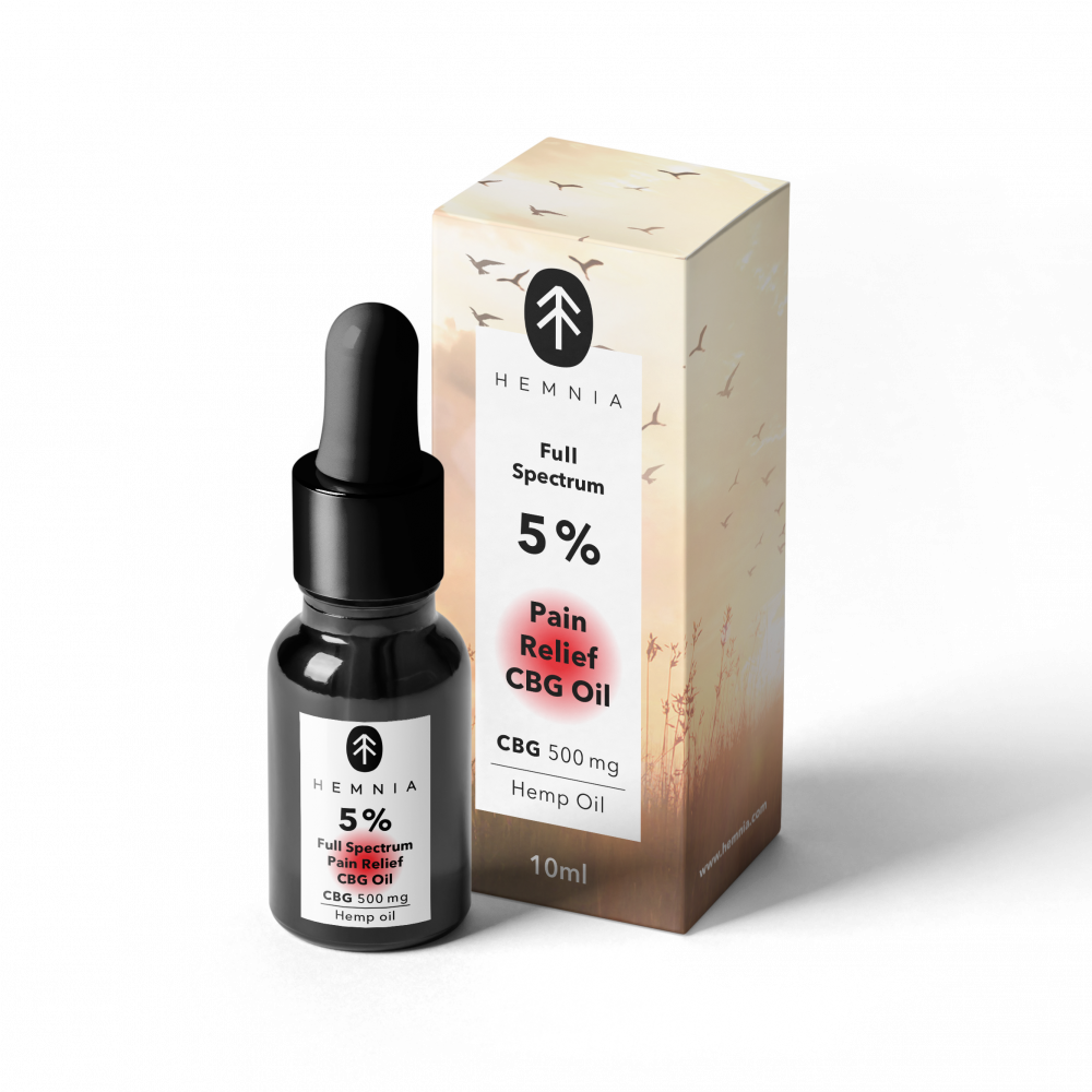 Hemnia Plnospektrálny CBG olej na zmiernenie bolesti – 5 % CBG, 5 % CBD, 500 mg, 10 ml