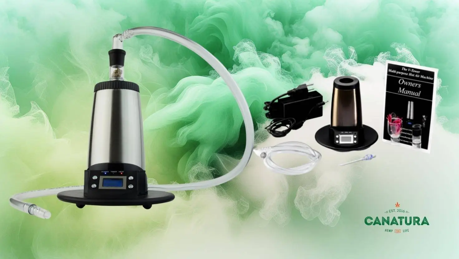 Arizer V Tower vaporizer with accessories, Canatura logo at the bottom right