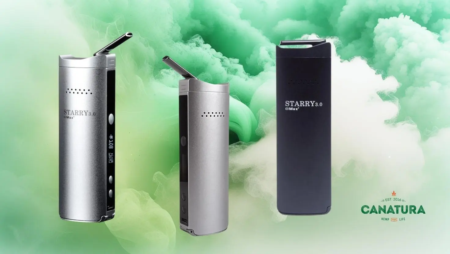 Silver and black XMax Starry 3.0 vaporizer on a green and white background resembling steam, with the Canatura logo at the bottom right