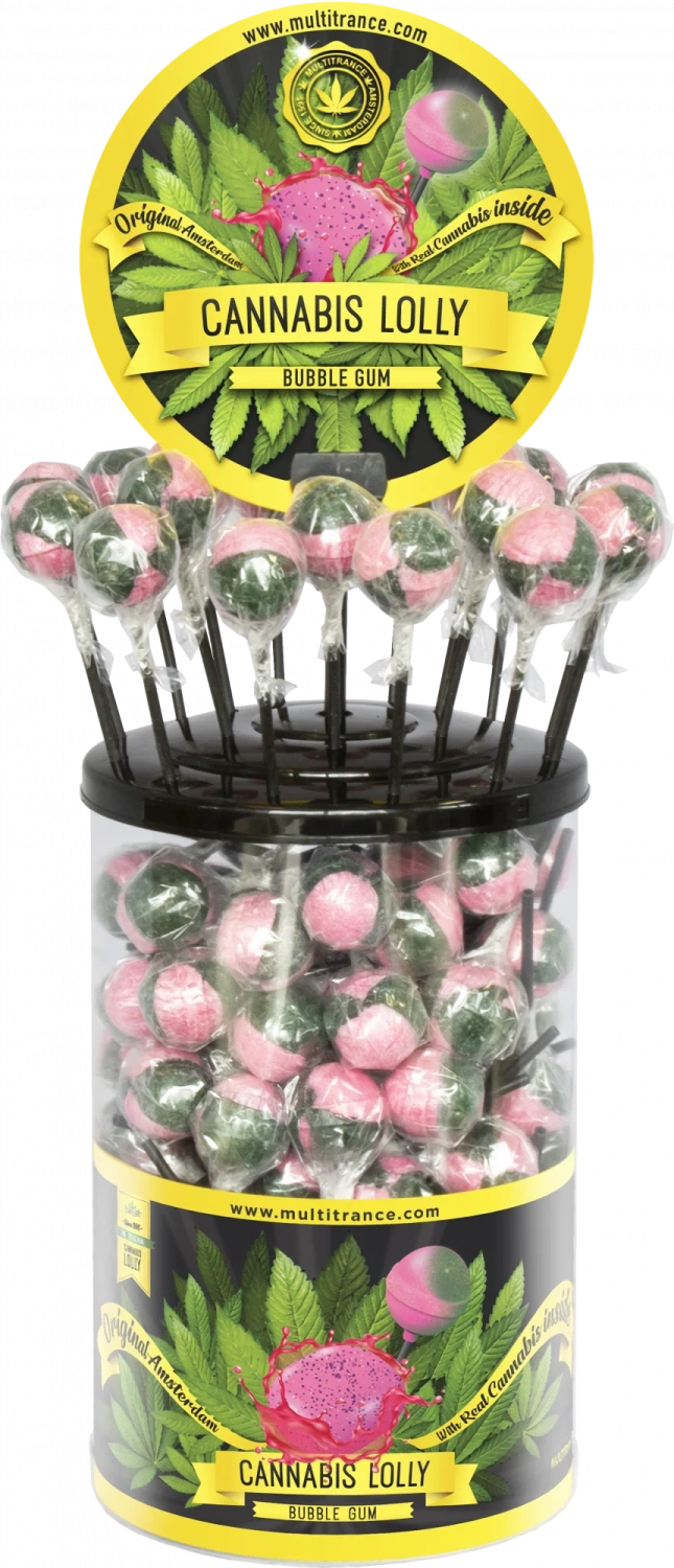 Cannabis Bubble Gum Lollies – Displaycontainer (100 Lollies), 1800 g