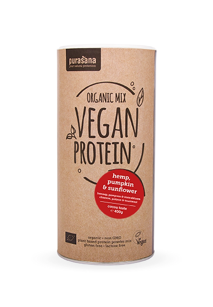 Purasana Vegan Protein MIX BIO 400g cacao (pompoen, zonnebloem, hennep)