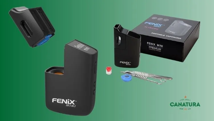 Černý vaporizér Fenix Mini, krabička a další příslušenství na světle zeleném pozadí, dole vpravo logo Canatura
