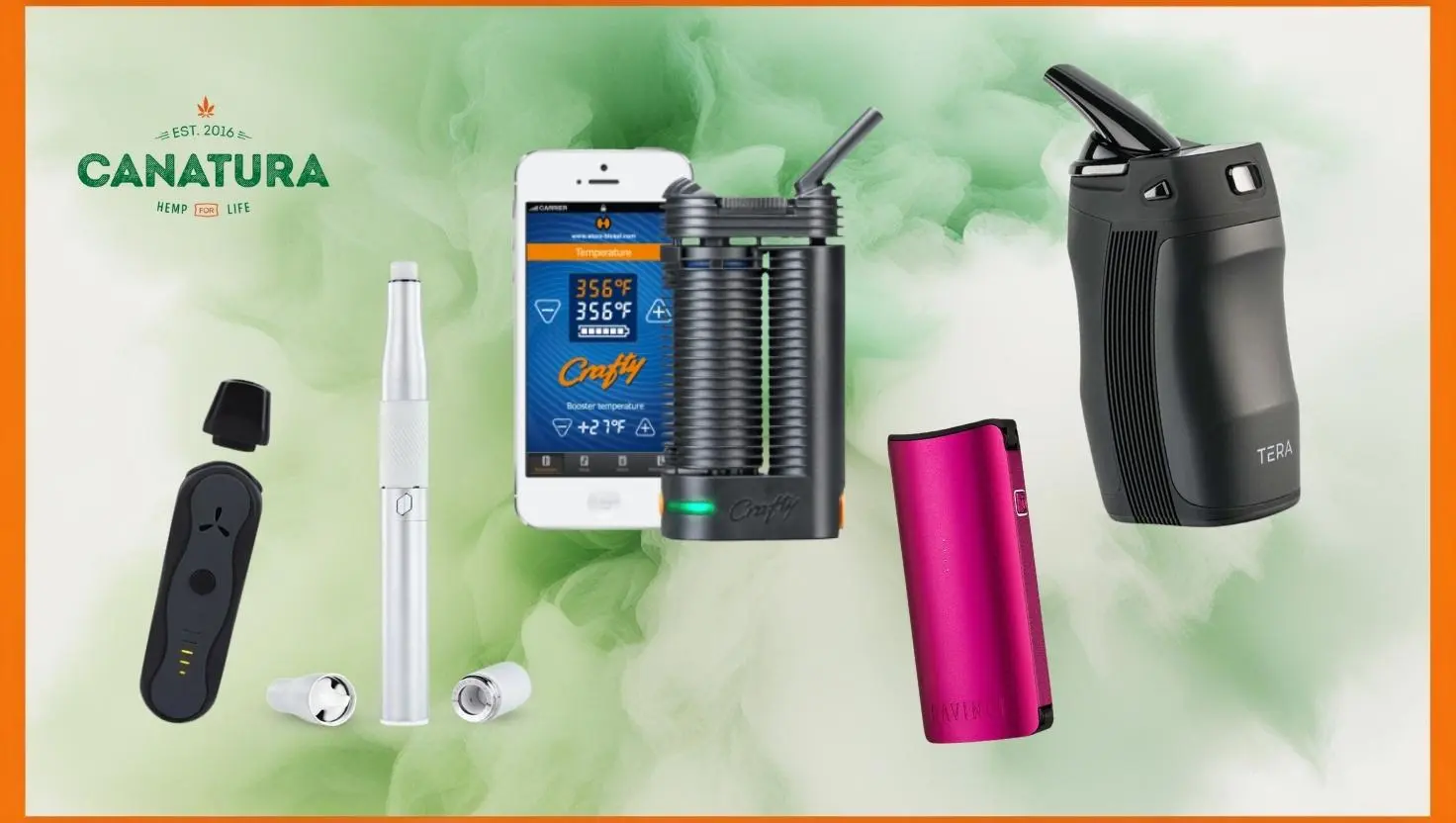 Five portable vaporizers – AirVapeXs GO, DaVinci MIQRO-C, Puffco Dab Pen, Crafty+ C, Boundless Tera V3 on a green and white background resembling steam, with the Canatura logo in the upper left corner.