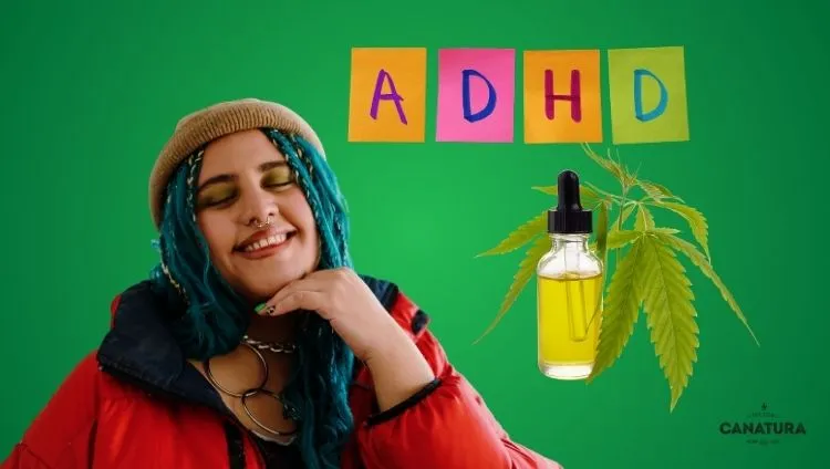 Smiling woman with the inscription ADHD and a bottle of CBD oil on a green background – cannabis and CBD as support for ADHD and calming the mind, Canatura logo at the bottom right