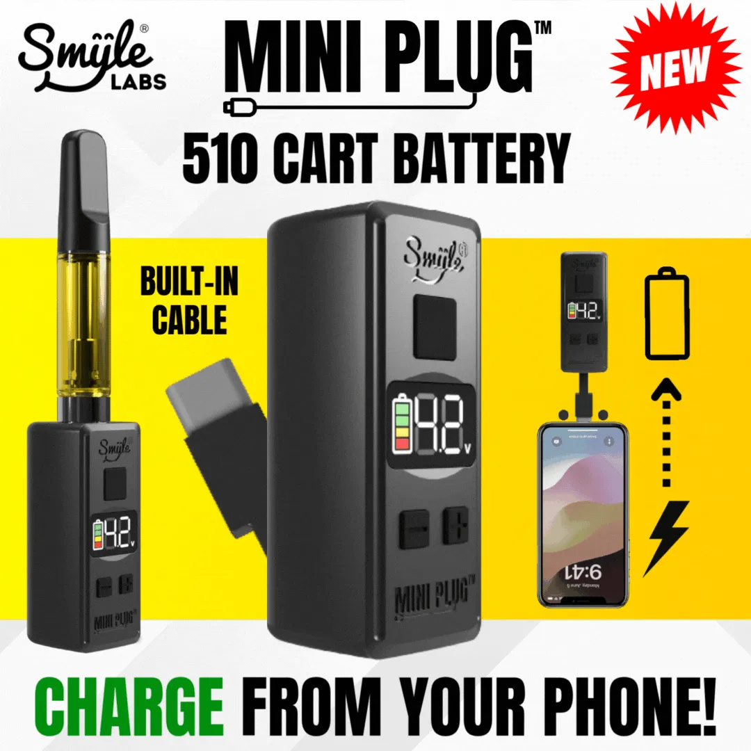Smyle Labs Mini Plug 510 Cart Battery met ingebouwde USB-C-kabel, instelbare spanning, LED-display - willekeurige kleur