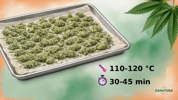 Left: cannabis on baking sheet with parchment paper, right: infographic: decarboxylate at 110-120°C for 30-45 minutes, top right: cannabis leaves, bottom right: Canatura logo.