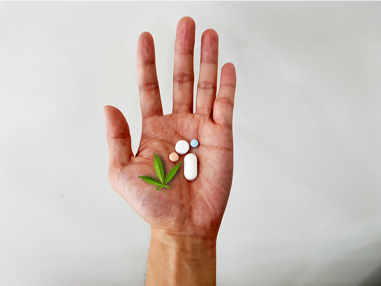 Hand holding various medications, including a cannabis leaf