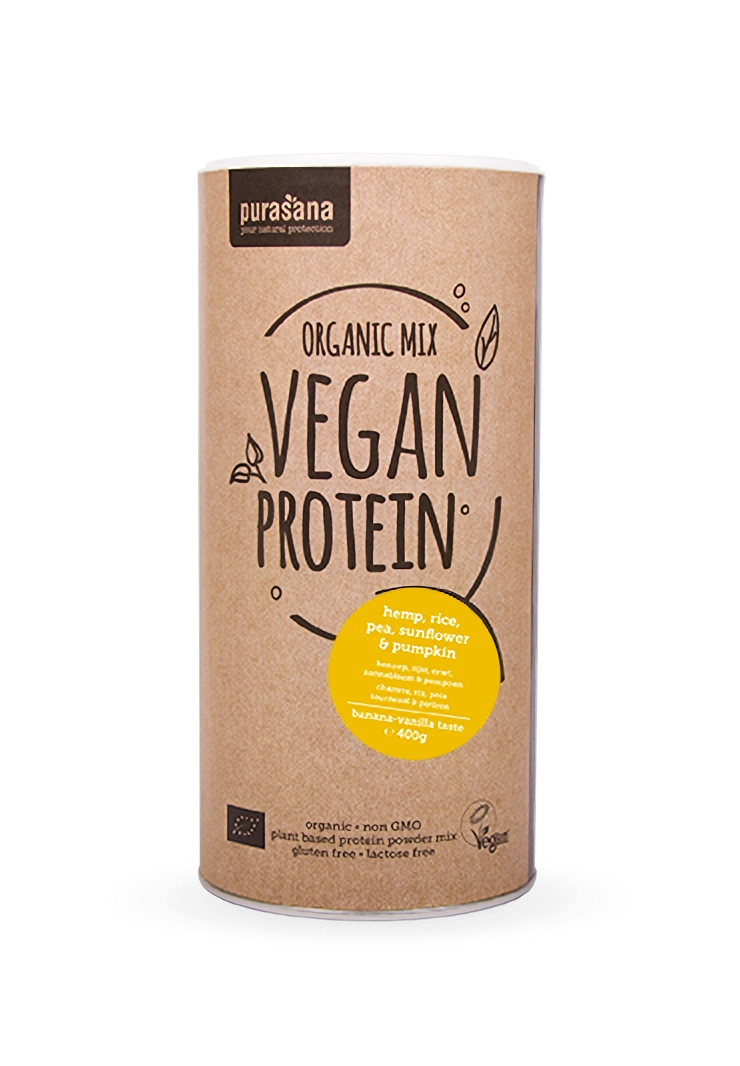 Purasana Vegan Protein MIX BIO 400g banaan-vanille (erwten, rijst, pompoen, zonnebloem, hennep)