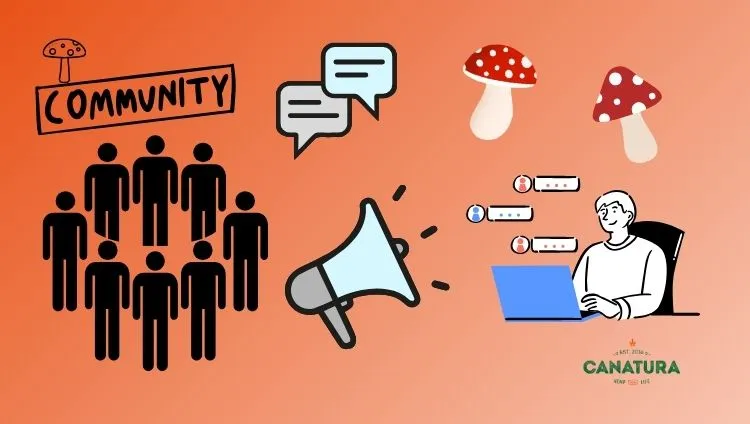 An infographic depicting a community that shares its experiences with the effects of Amanita muscaria, or muscimol