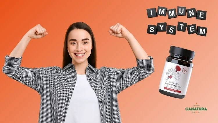 A woman shows her bent arms to support immunity, next to her is the Red Reishi Mushroom Extract product, above it is the inscription "Immune system".