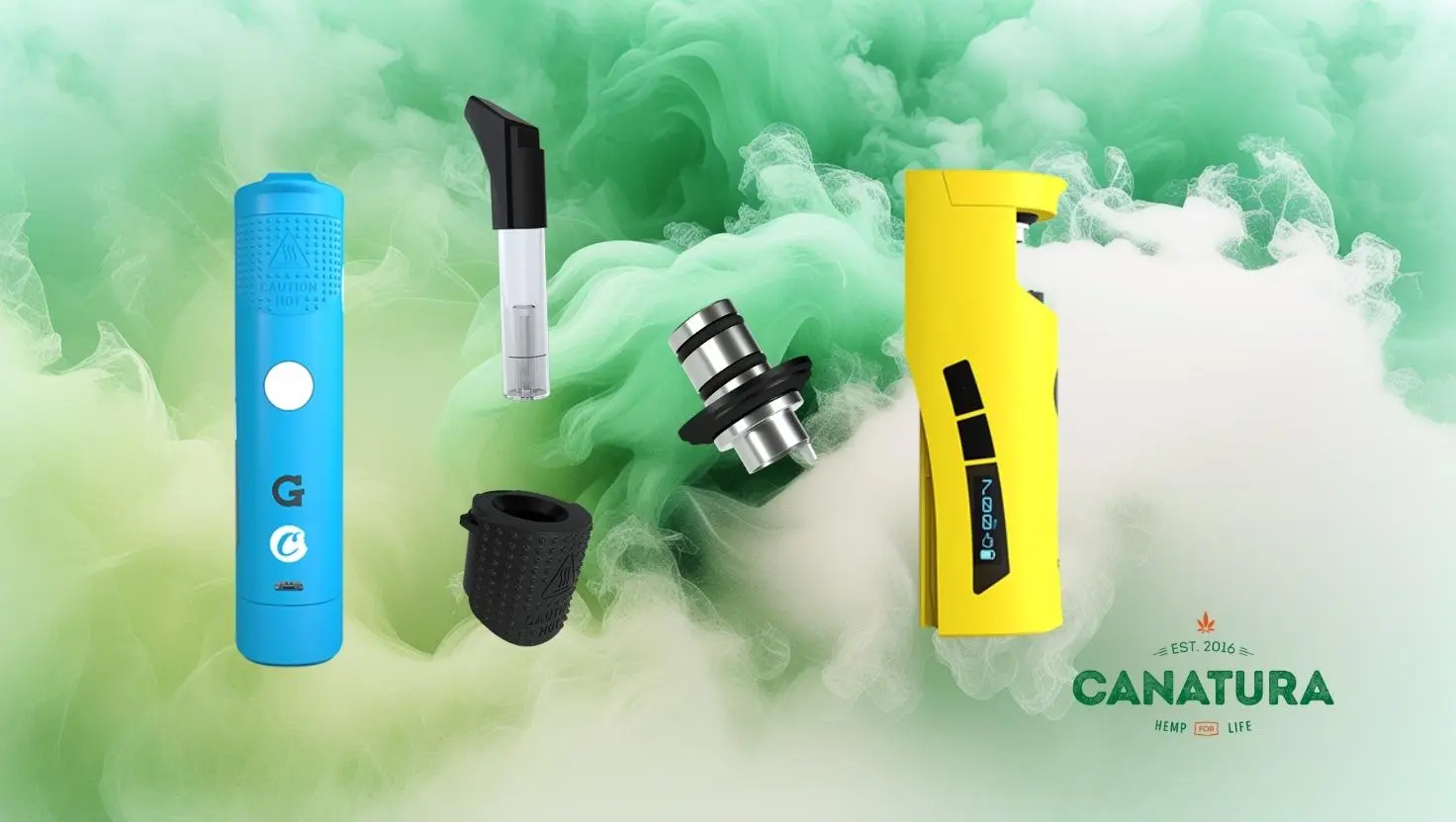 G Pen Roam Edition x Lemonnade and x Cookies vaporizers, including individual components – mouthpiece, quartz chamber and case, Canatura logo on the bottom right
