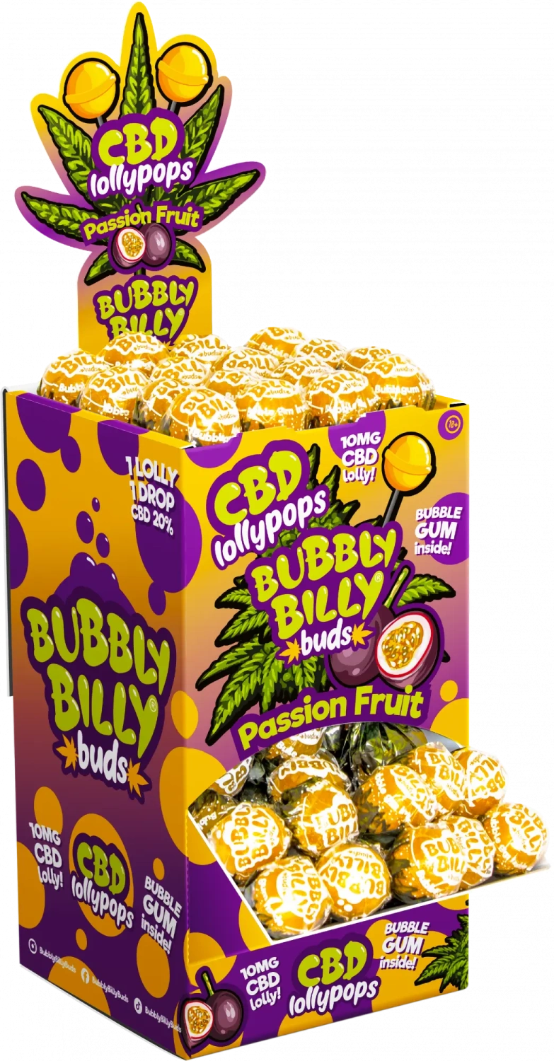 Bubbly Billy Buds 10 mg CBD lízátka Passion Fruit se žvýkačkou uvnitř - Display Box (100 lízátek), 1800 g