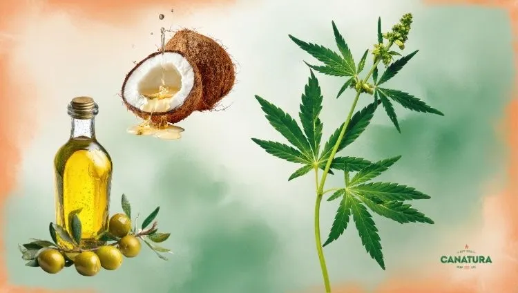 Vegetable oil extraction, olive oil and coconut oil, cannabis leaf, Canatura logo in the bottom right