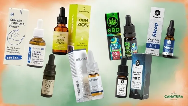 10 nejlepších kapek s CBN a CBD na spaní – výběr prémiových olejů s CBD a CBN na podporu spánku od značek jako Canntropy, Cibdol, Hemnia, Euphoria, Cannor a Happease; v pravém dolním rohu je zobrazeno logo Canatura