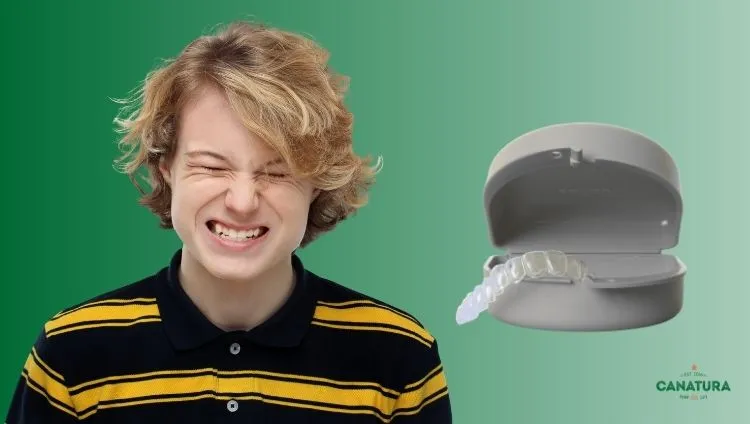 Teeth grinding in children – anti-grinding mouthguard (night guard); Canatura logo at the bottom right
