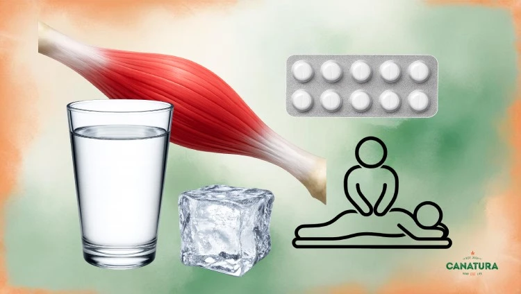 A glass of water, a muscle, an ice cube, a pack of painkillers, a massage icon.