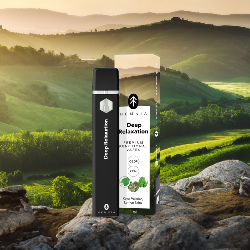 Hemnia Prémiové funkčné CBDP a CBN vape pero Hlboká relaxácia – 5 % CBDP, 90 % CBN, kava, valeriána, medovka, 1 ml