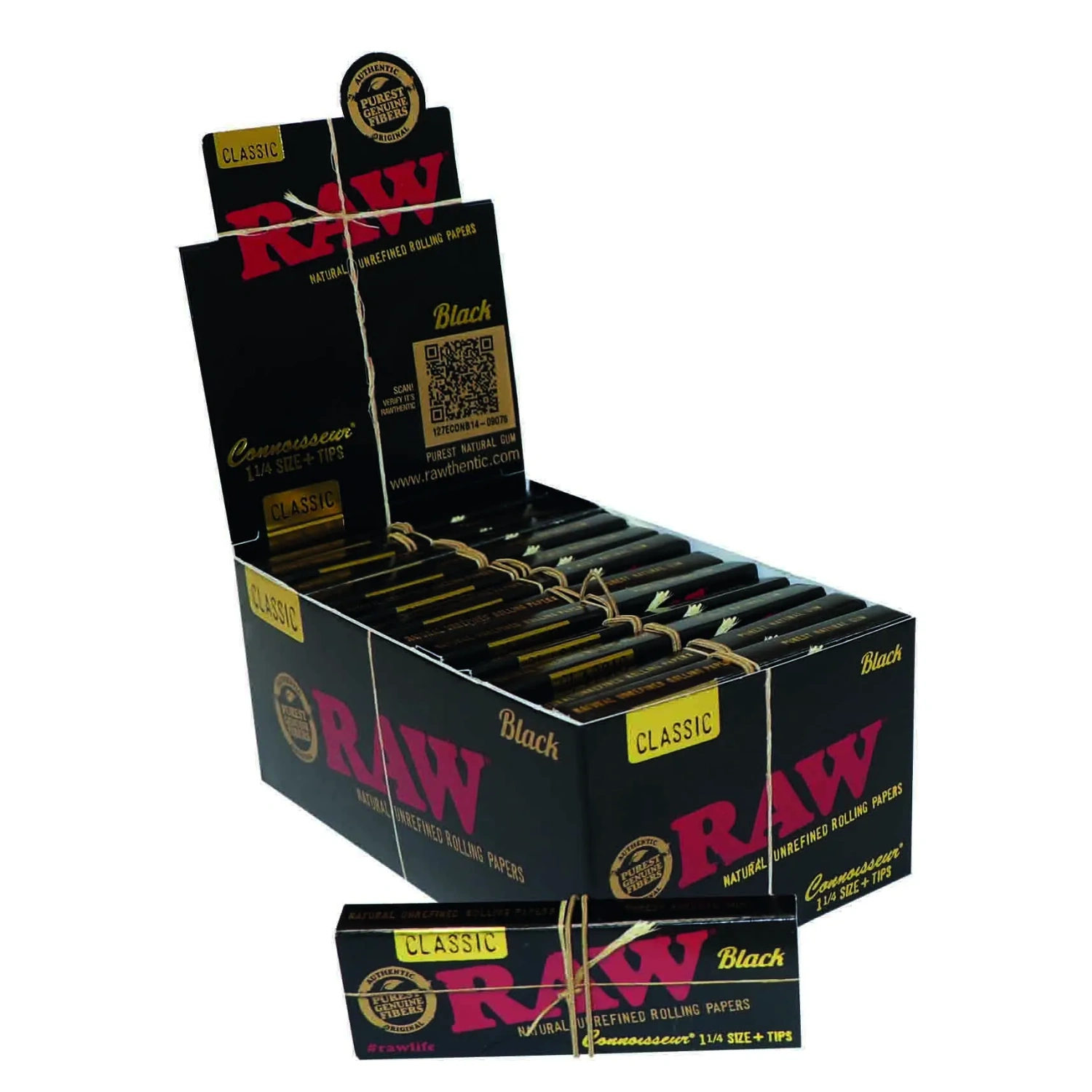 RAW Black Connoisseur 1¼ Rolling Papers + Tips – prírodný nerafinovaný rolovací papier, 32 listov + 32 tipov
