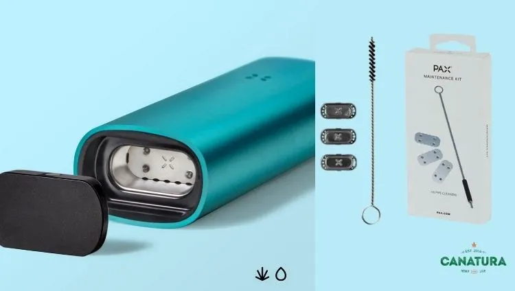 Pax 3 vaporizer in blue with maintenance and cleaning kit