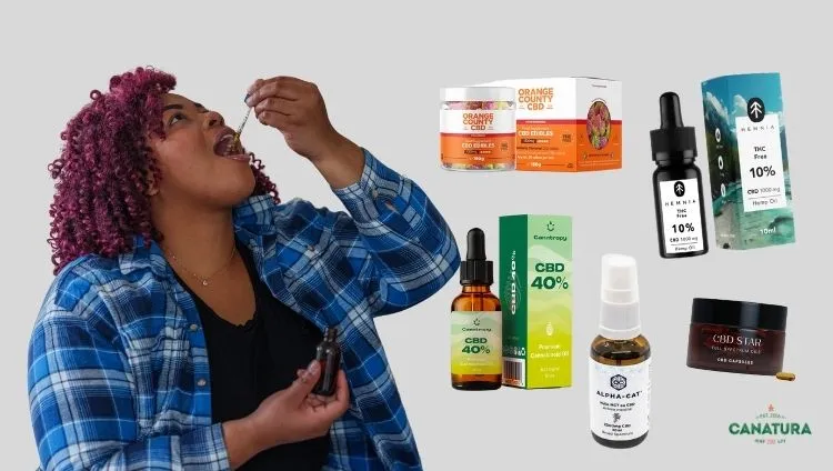 A woman dispensing CBD oil, various CBD products such as oils, capsules, and gummies on the right, Canatura logo at the bottom right