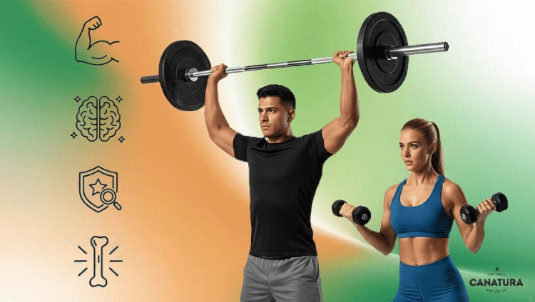 Man and woman exercising with weights, creatine for strength, brain health, immunity and healthy bones, Canatura logo in the lower right corner.