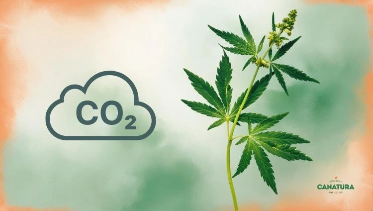 Carbon dioxide extraction, a CO₂ cloud and a cannabis leaf, Canatura logo in the bottom right