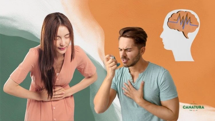 A woman with stomach pain, a man with asthma, an illustration of the brain, the Canatura logo bottom right
