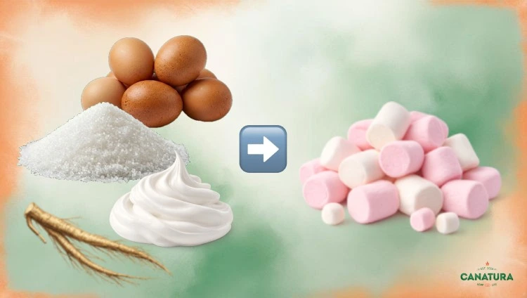 Traditional marshmallow recipe: eggs, sugar, whipped egg whites, marshmallow root on the left, marshmallow sweets on the right.