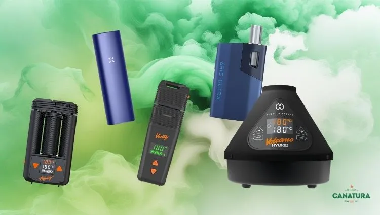  The 5 Best Dry Herb Vaporizers: Mighty+, PAX Plus, Venty, Wolkenkraft ÄRiS Ultra, and Volcano; Canatura logo at the bottom right