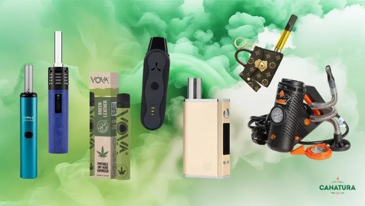 Portable herbal vaporizers, vaporizer pens, vape pens with CBD cartridges, box mod vaporizers, Canatura logo at the bottom right