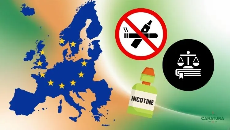 Vape Regulations – a map of Europe, the symbol for the ban on disposable vapes, nicotine e-liquid, and European Union legislation regarding e-cigarettes.