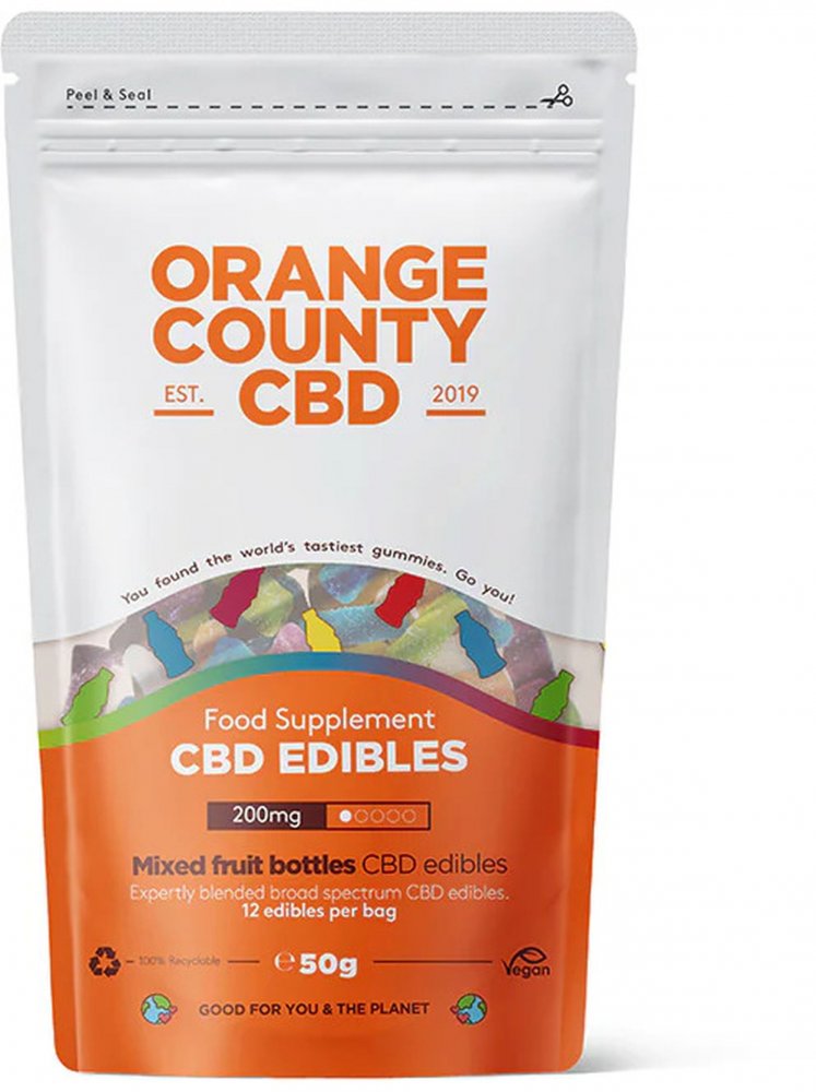Orange County CBD Flessen, reisverpakking, 200 mg CBD, 12 stuks, 50 g