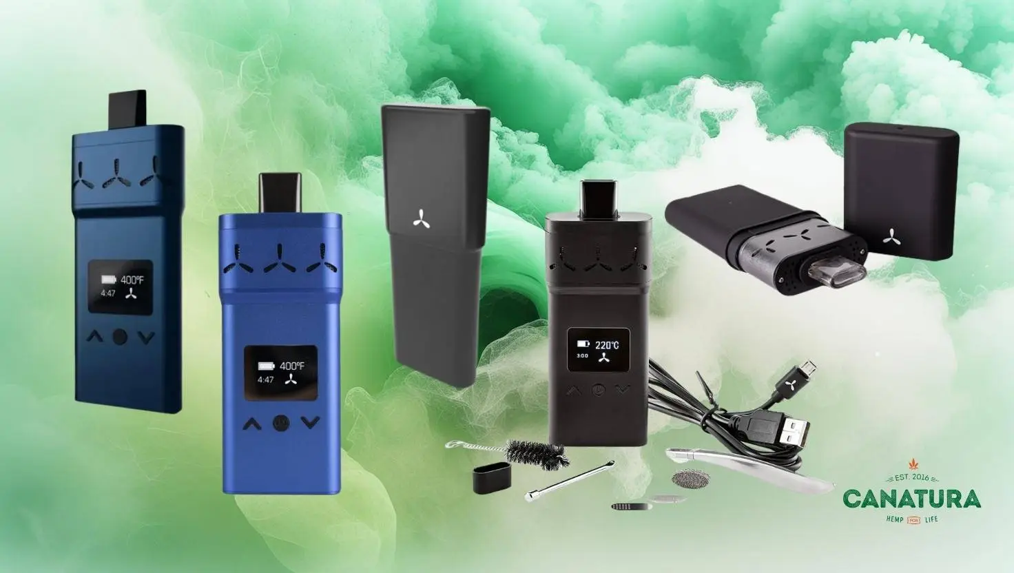 AirVape X vaporizer in Royal Blue, Ocean Blue and black with accessories – detailed view of the device, protective case, mouthpiece and cleaning tools, complete with Canatura logo