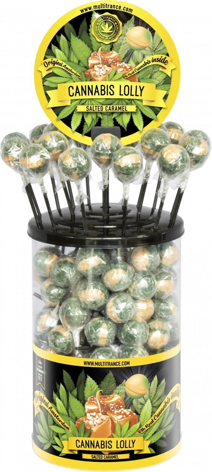 Cannabis Zoute Karamel Lollies – Display Container (100 Lollies), 18 g