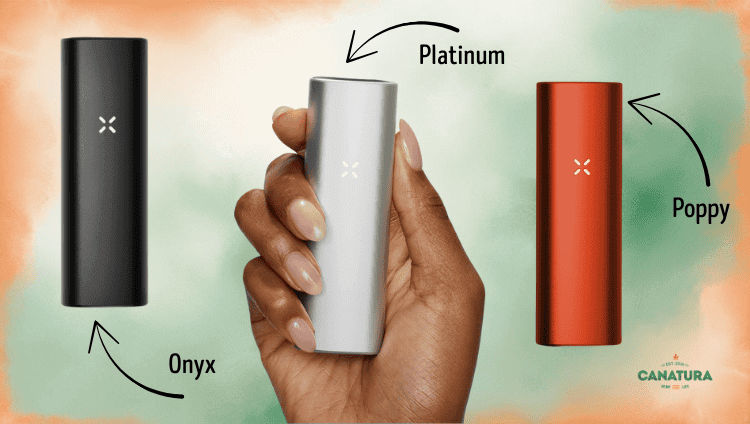 PAX Mini vaporizer in Onyx, Platinum, and Poppy colors; Platinum is held by a woman; Canatura logo is in the right corner