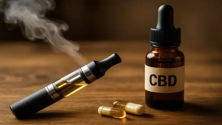 CBD vaporizer with visible vapor, CBD oil drops, and capsules as methods of rapid relief during acute attacks.