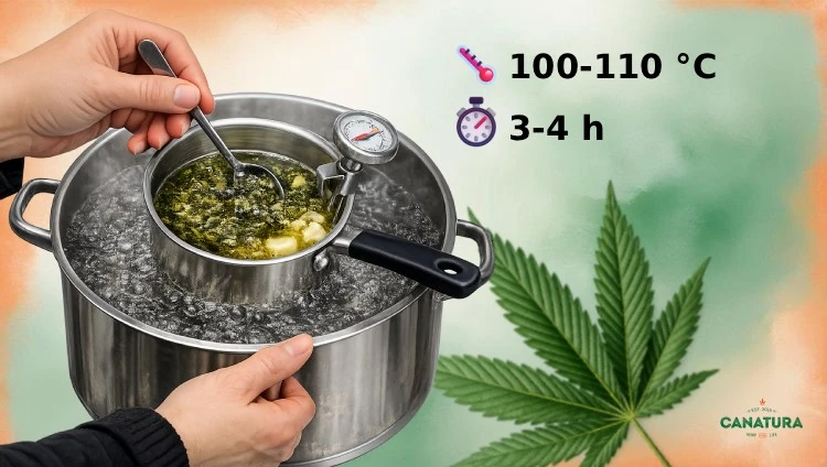 Left: cooking cannabis salve in water bath, right: infographic: cook at 100-110°C for 2-3 hours, bottom right: Canatura logo.