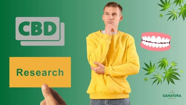 A man wonders how to stop grinding his teeth and what research says about how CBD might help; cannabis leaves; Canatura logo at the bottom right