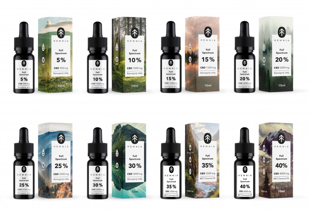 Hemnia Full Spectrum CBD oleje 5% až 40%, All in One Set - 8 koncentrácií x 1 ks, 10 ml