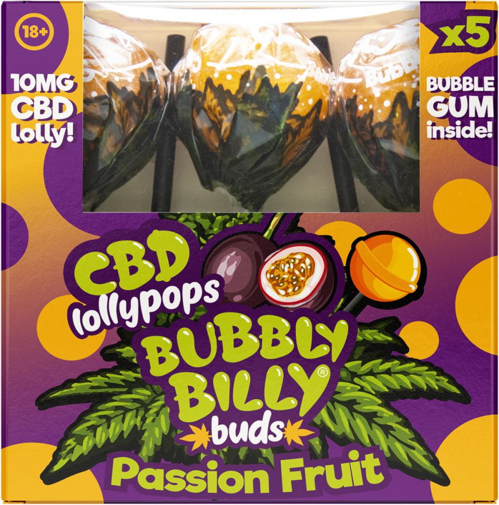 Bubbly Billy Buds 10 mg CBD cukríky s príchuťou mučenky a žuvačkou vo vnútri – darčeková krabička (5 cukríkov), 100 g