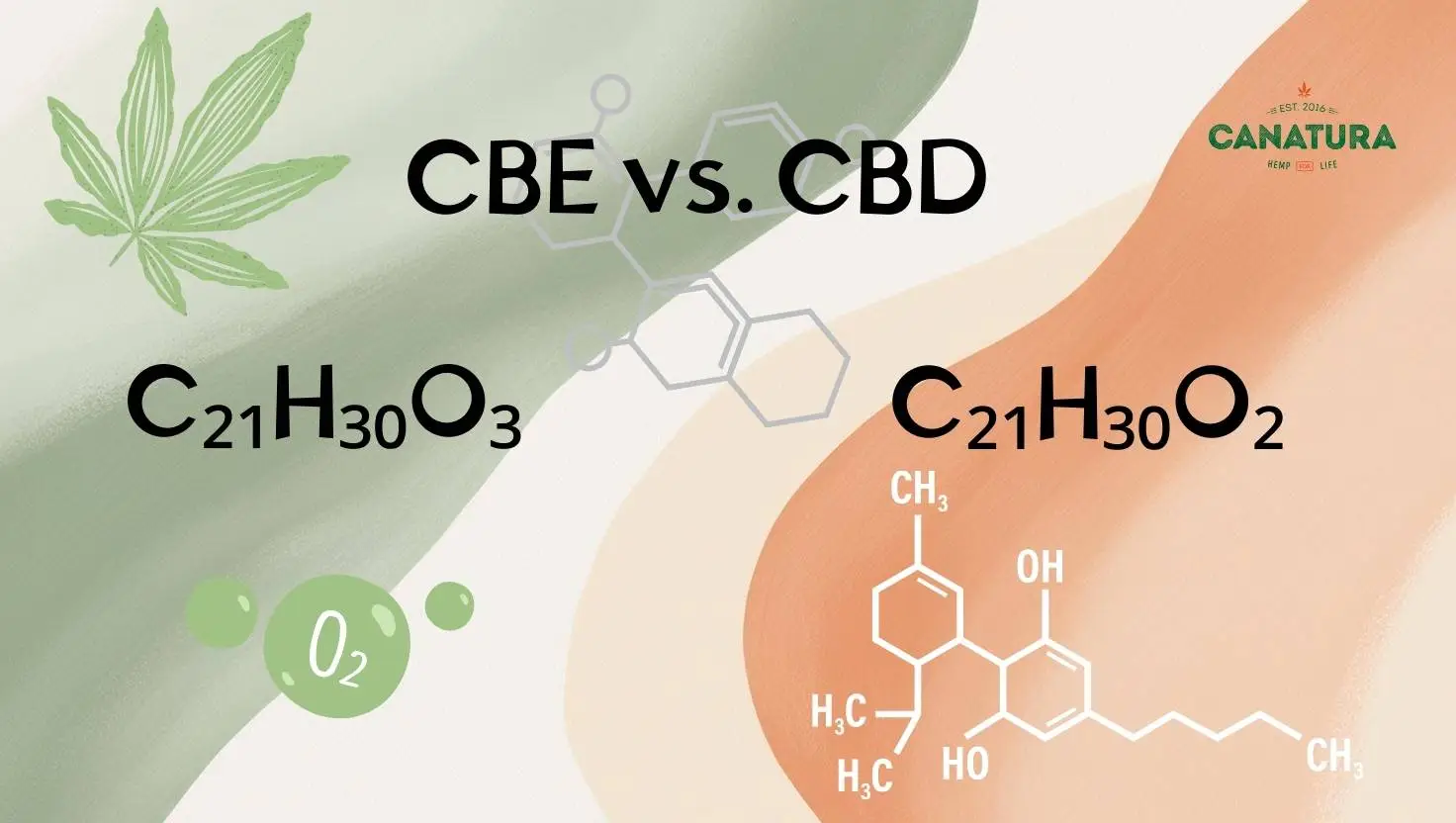 CBE vs. CBD molecular formula, top right with Canatura logo