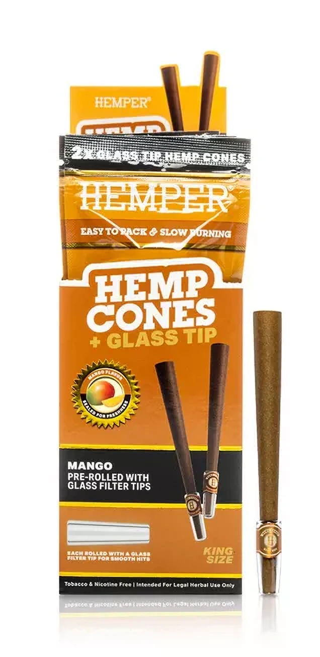 HEMPER King Size Cones + Glass Tip 2pk Mango