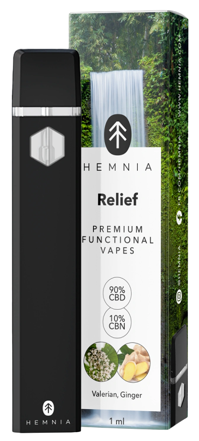 Hemnia Prémiové funkčné vape pero „Úľava“ - 90 % CBD, 10 % CBN, valeriána, zázvor, 1 ml