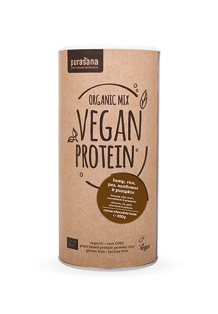 Purasana Vegan Protein MIX BIO 400g cacao-chocolade (erwten, rijst, pompoen, zonnebloem, hennep)
