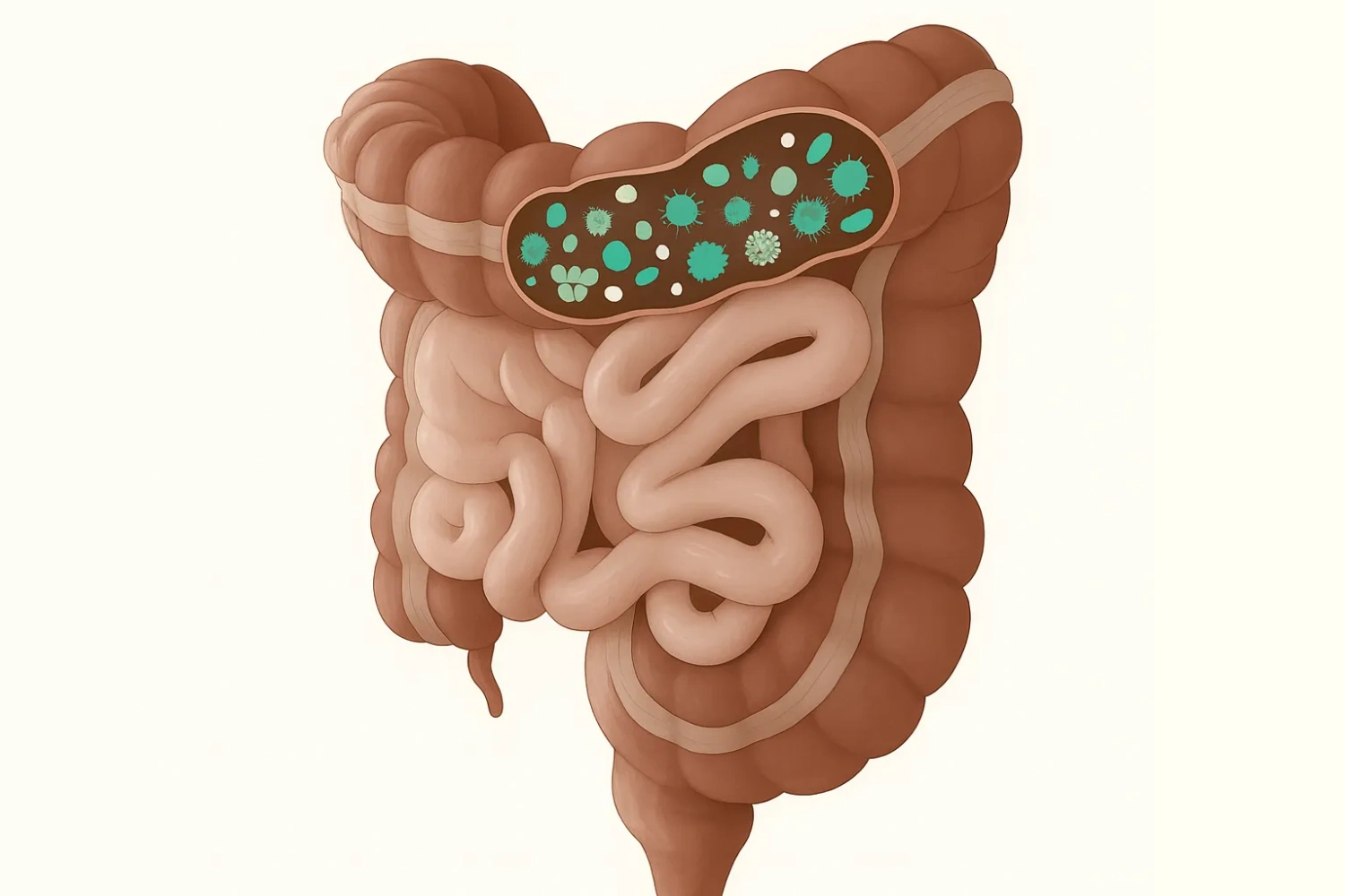 Illustration of the human gut microbiome showing large and small intestines with visible microorganisms, representing the gut-brain connection and its link to Parkinson’s disease.