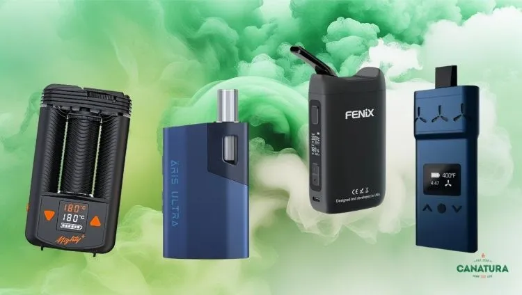 Portable herbal vaporizers – Mighty+, Arizer ArGo, Fenix Mini, and other dry herb vaporizers; Canatura logo at the bottom right