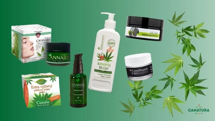 A selection of hemp-based skincare products for dry skin—Palacio Bio serum, Bione Cannabis face cream, Cannor cleansing oil, Herbavera hemp body lotion, and Cannabellum CBD cream; industrial hemp leaves; the Canatura logo at the bottom right